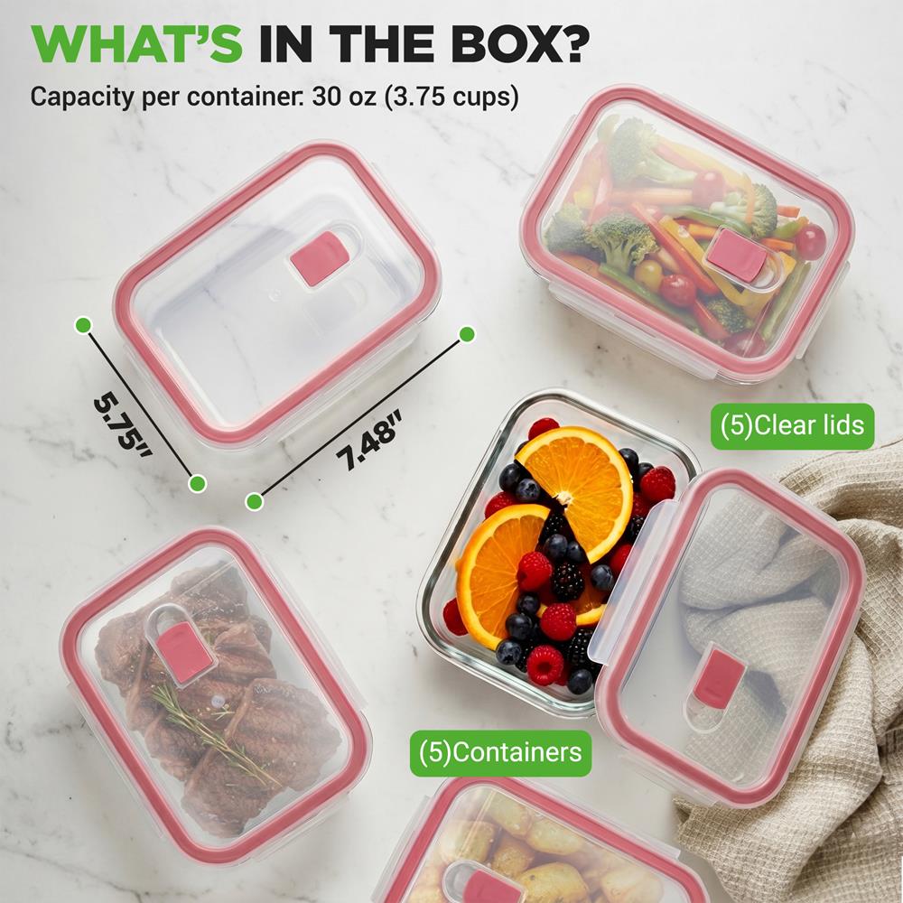NutriChef 10-Piece Superior Glass Food Storage Containers Set (5 Containers + 5 Locking Lids),Stackable Meal-prep Design, BPA-free Airtight Clear Locking lids with Vent Lids & Air Hole, Red