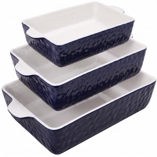 NutriChef 3-Piece Ceramic Casserole Dishes for Oven - Heavy Duty Rectangular Lasagna Baking Pans w/ Premium Nonstick Coating & Handles - PFOS, PTFE, PFOA Free - Microwave & Oven Safe, Royal Blue