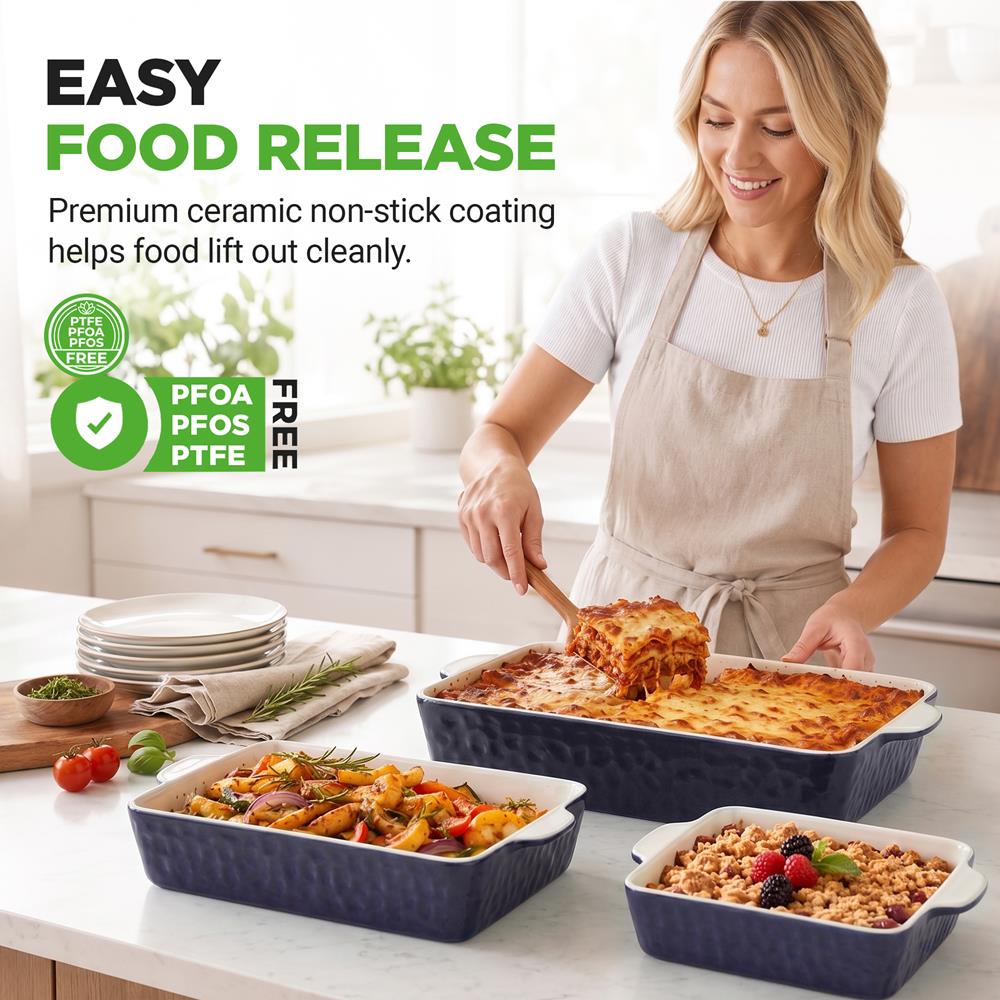 NutriChef 3-Piece Ceramic Casserole Dishes for Oven - Heavy Duty Rectangular Lasagna Baking Pans w/ Premium Nonstick Coating & Handles - PFOS, PTFE, PFOA Free - Microwave & Oven Safe, Royal Blue
