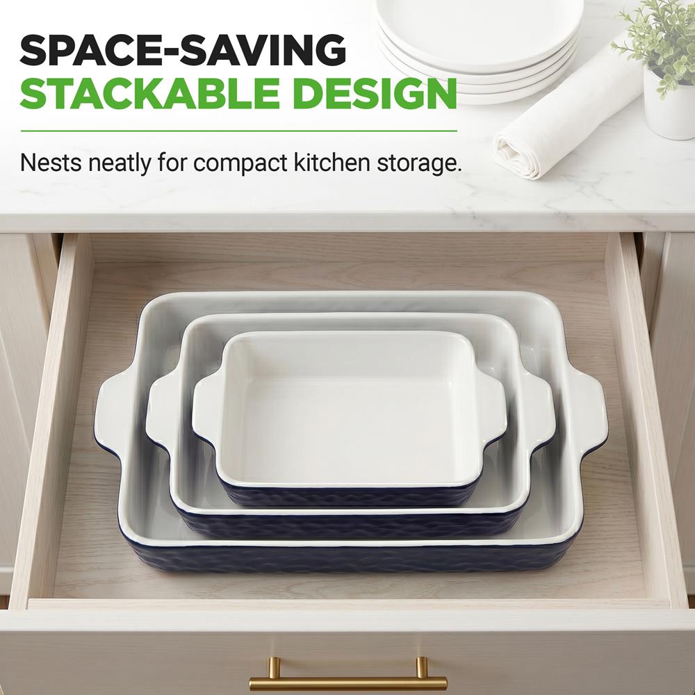 NutriChef 3-Piece Ceramic Casserole Dishes for Oven - Heavy Duty Rectangular Lasagna Baking Pans w/ Premium Nonstick Coating & Handles - PFOS, PTFE, PFOA Free - Microwave & Oven Safe, Royal Blue