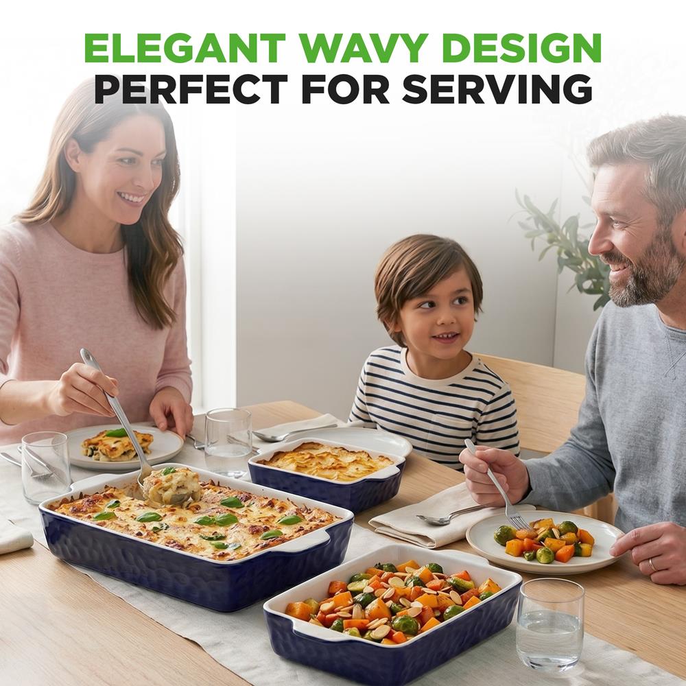 NutriChef 3-Piece Ceramic Casserole Dishes for Oven - Heavy Duty Rectangular Lasagna Baking Pans w/ Premium Nonstick Coating & Handles - PFOS, PTFE, PFOA Free - Microwave & Oven Safe, Royal Blue