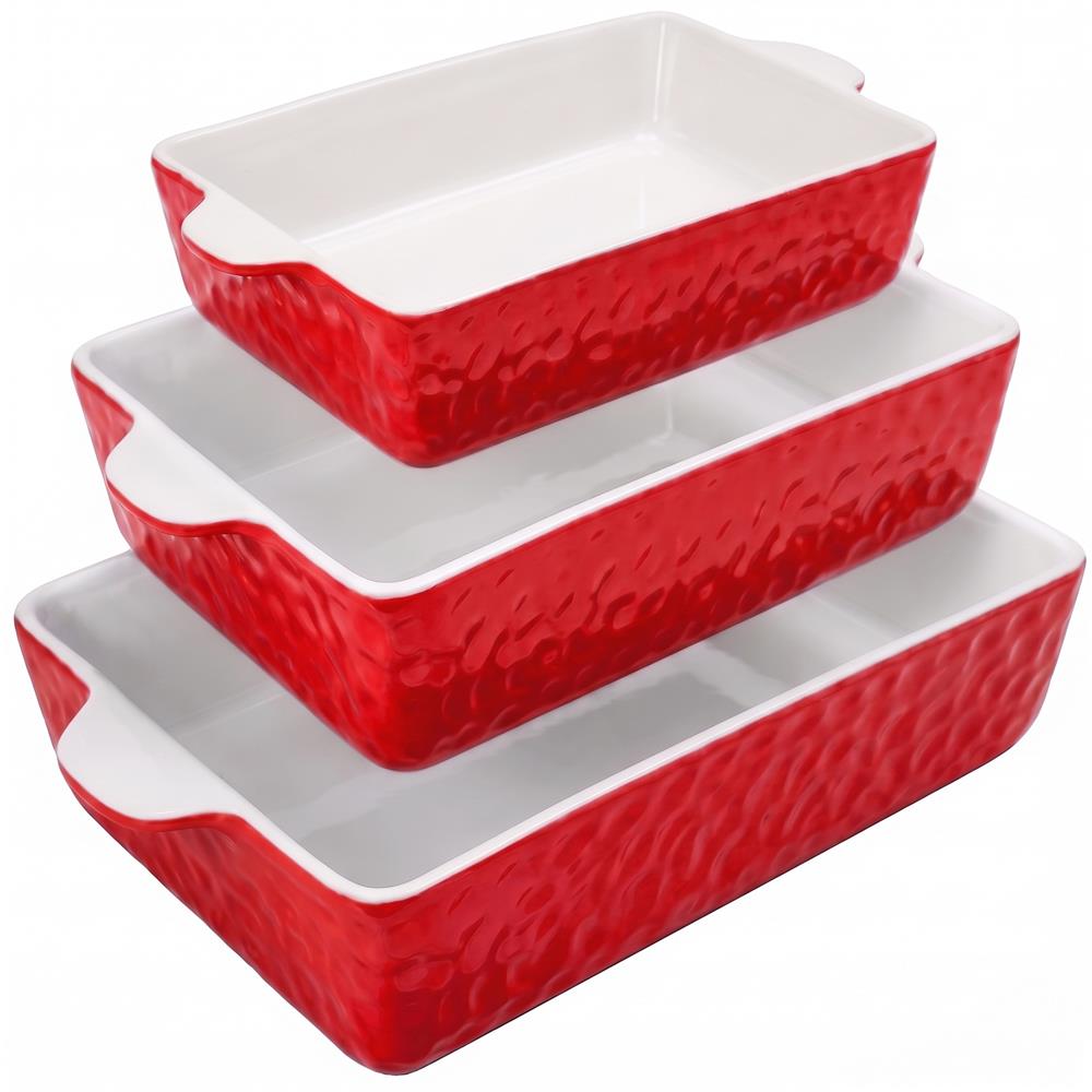 NutriChef 3-Piece Ceramic Casserole Dish for Oven - Premium Lasagna Baking Pans w/ Nonstick Coating & Built-In Handles - Dishwasher & Microwave Safe - 14" x 8", 10" x 6", 7" x 5" - Red