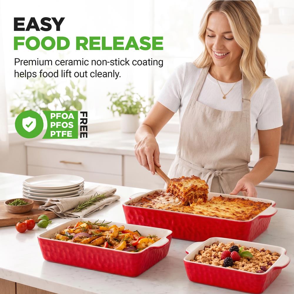 NutriChef 3-Piece Ceramic Casserole Dish for Oven - Premium Lasagna Baking Pans w/ Nonstick Coating & Built-In Handles - Dishwasher & Microwave Safe - 14" x 8", 10" x 6", 7" x 5" - Red