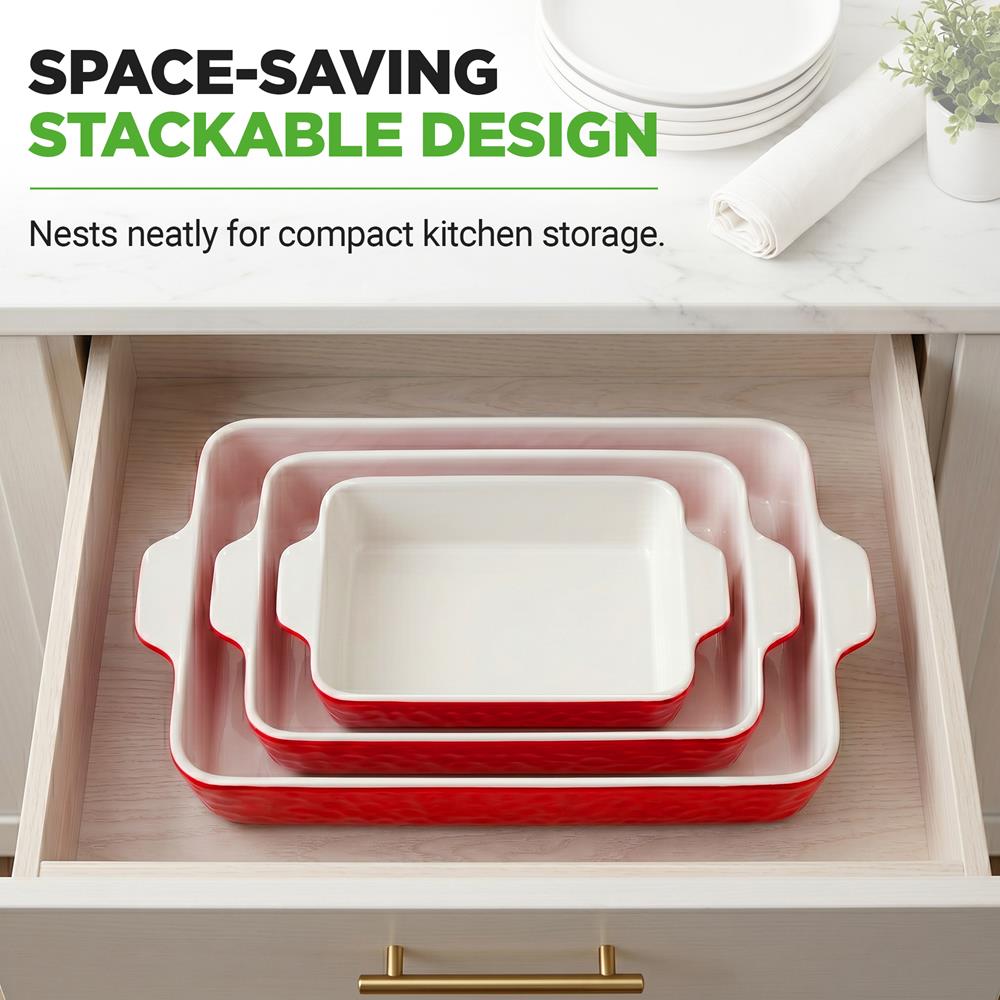 NutriChef 3-Piece Ceramic Casserole Dish for Oven - Premium Lasagna Baking Pans w/ Nonstick Coating & Built-In Handles - Dishwasher & Microwave Safe - 14" x 8", 10" x 6", 7" x 5" - Red