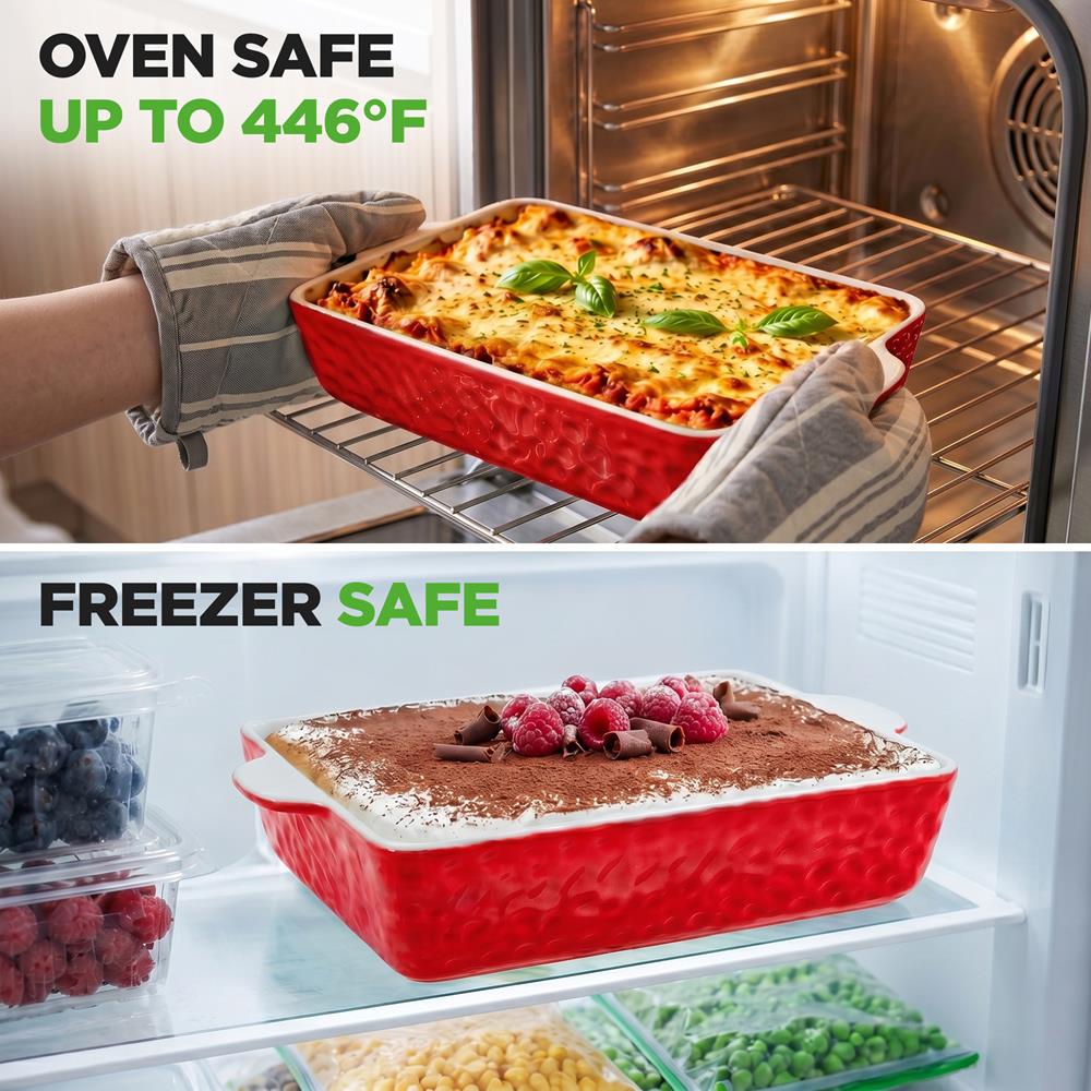 NutriChef 3-Piece Ceramic Casserole Dish for Oven - Premium Lasagna Baking Pans w/ Nonstick Coating & Built-In Handles - Dishwasher & Microwave Safe - 14" x 8", 10" x 6", 7" x 5" - Red