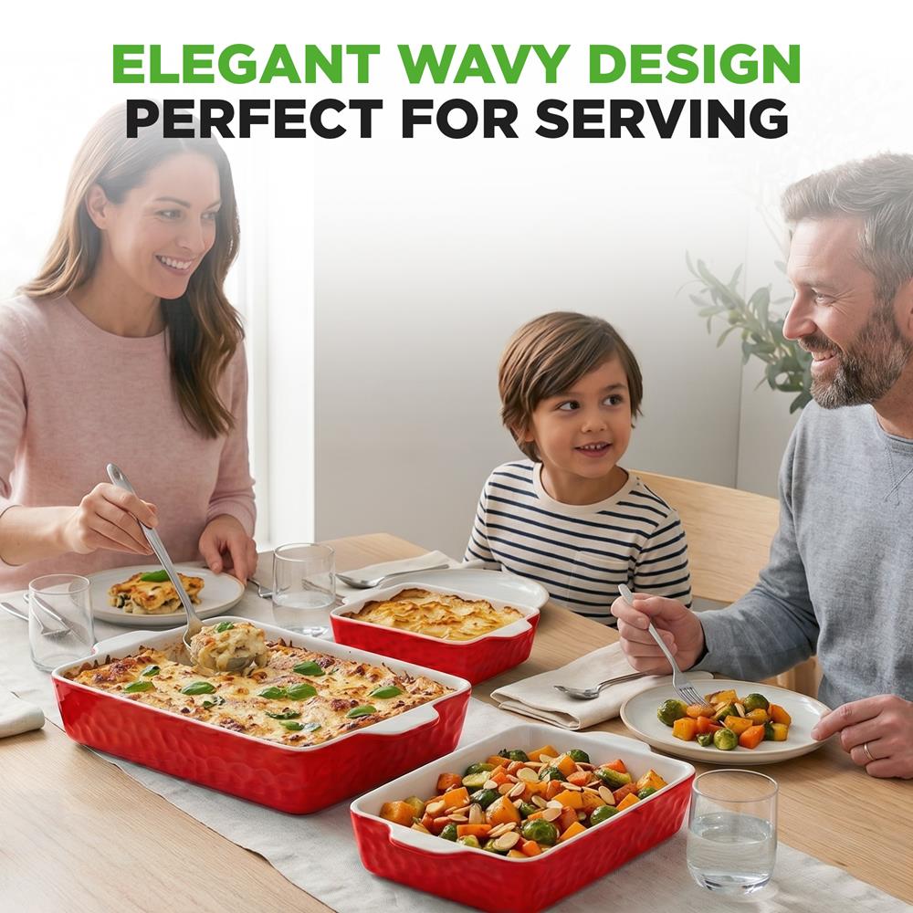 NutriChef 3-Piece Ceramic Casserole Dish for Oven - Premium Lasagna Baking Pans w/ Nonstick Coating & Built-In Handles - Dishwasher & Microwave Safe - 14" x 8", 10" x 6", 7" x 5" - Red