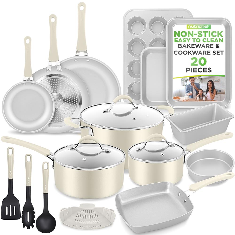 NutriChef 20-Piece Non-Stick Bakeware and Cookware Set - Utensils Including Pots and Baking Pans Made with Durable Aluminum, Tempered Glass Lids, Heat-Resistant Utensils, Easy-Clean Design (White)