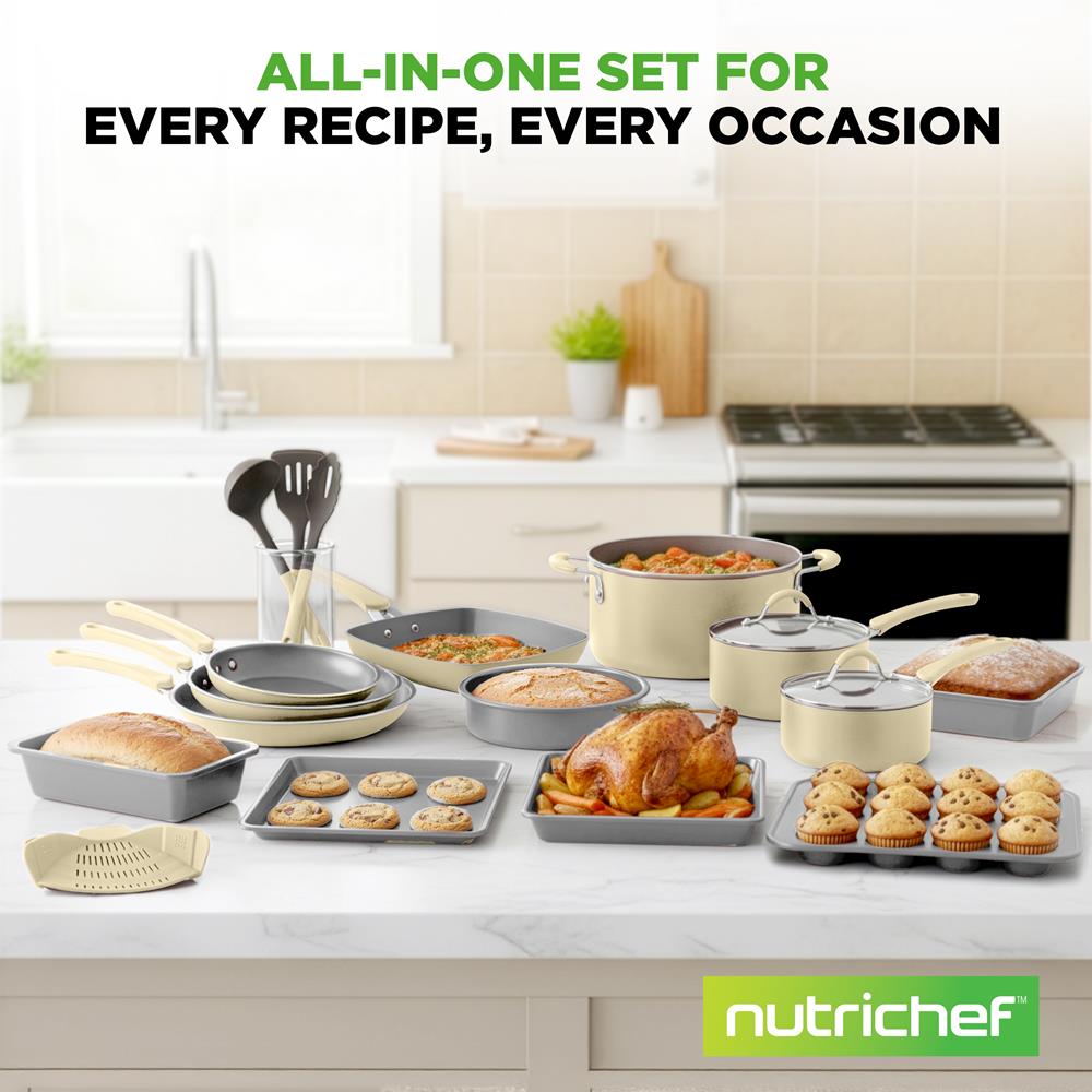 NutriChef 20-Piece Non-Stick Bakeware and Cookware Set - Utensils Including Pots and Baking Pans Made with Durable Aluminum, Tempered Glass Lids, Heat-Resistant Utensils, Easy-Clean Design (White)