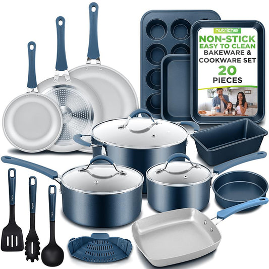 NutriChef Professional 20 Pc Kitchen Set in Navy Blue - Durable Non-Stick Pots and Pans with Bakeware, Compatible with Any Cooktop, Easy Clean