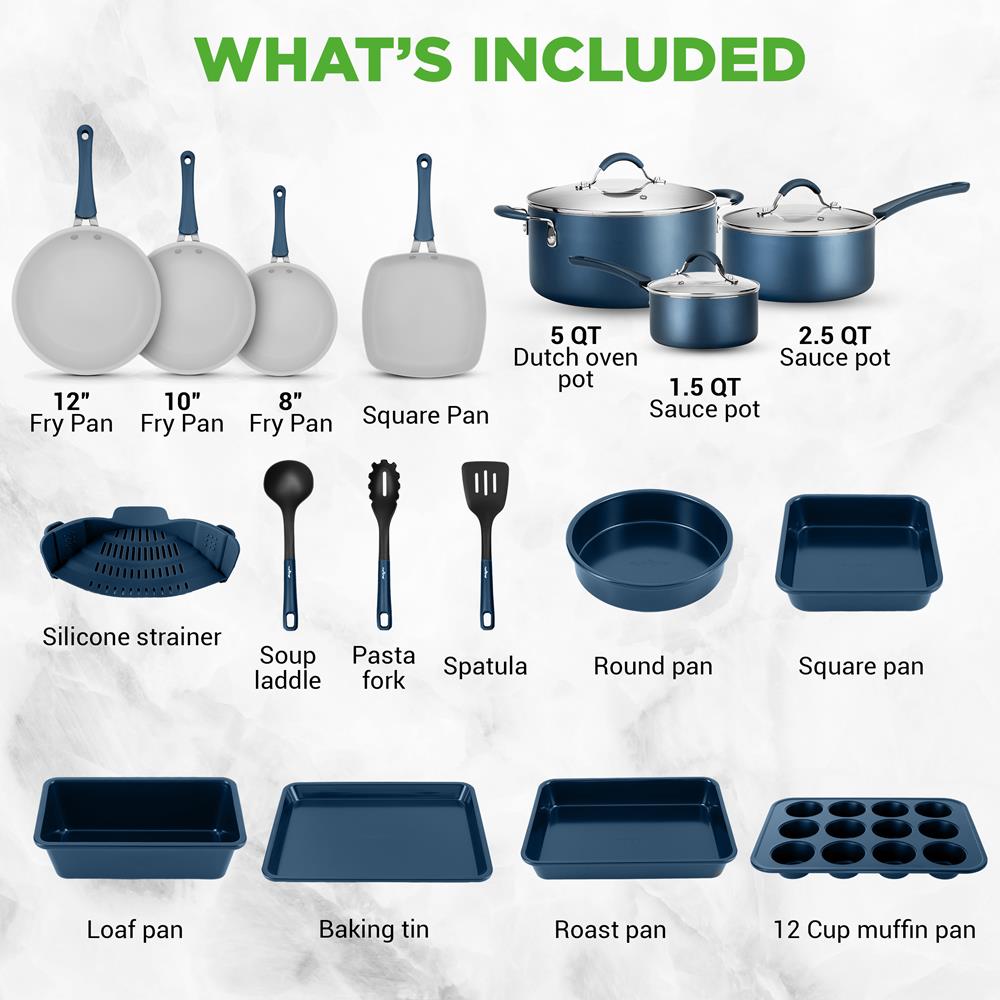 NutriChef Professional 20 Pc Kitchen Set in Navy Blue - Durable Non-Stick Pots and Pans with Bakeware, Compatible with Any Cooktop, Easy Clean