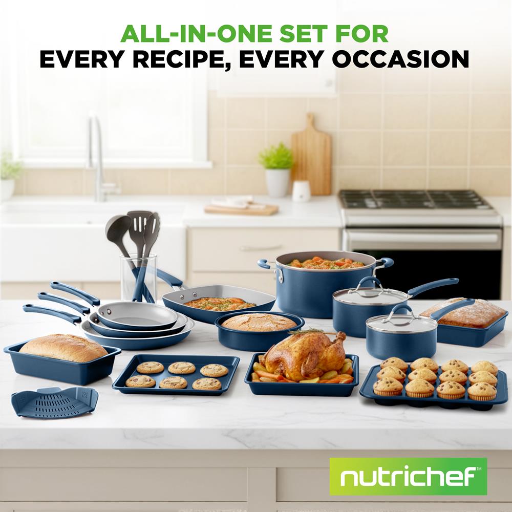 NutriChef Professional 20 Pc Kitchen Set in Navy Blue - Durable Non-Stick Pots and Pans with Bakeware, Compatible with Any Cooktop, Easy Clean