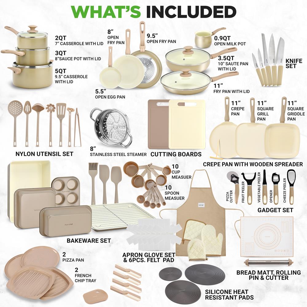 NutriChef 75-Piece Non-Stick Pots and Pans Set, Complete Ceramic Cookware Set with Bakeware, Utensils, Knife Set, & Accessories, Stain-Resistant, Food-Grade Safe, Cream/Brown