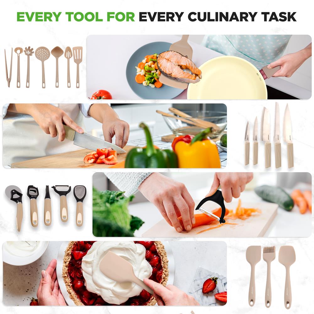 NutriChef 75-Piece Non-Stick Pots and Pans Set, Complete Ceramic Cookware Set with Bakeware, Utensils, Knife Set, & Accessories, Stain-Resistant, Food-Grade Safe, Cream/Brown