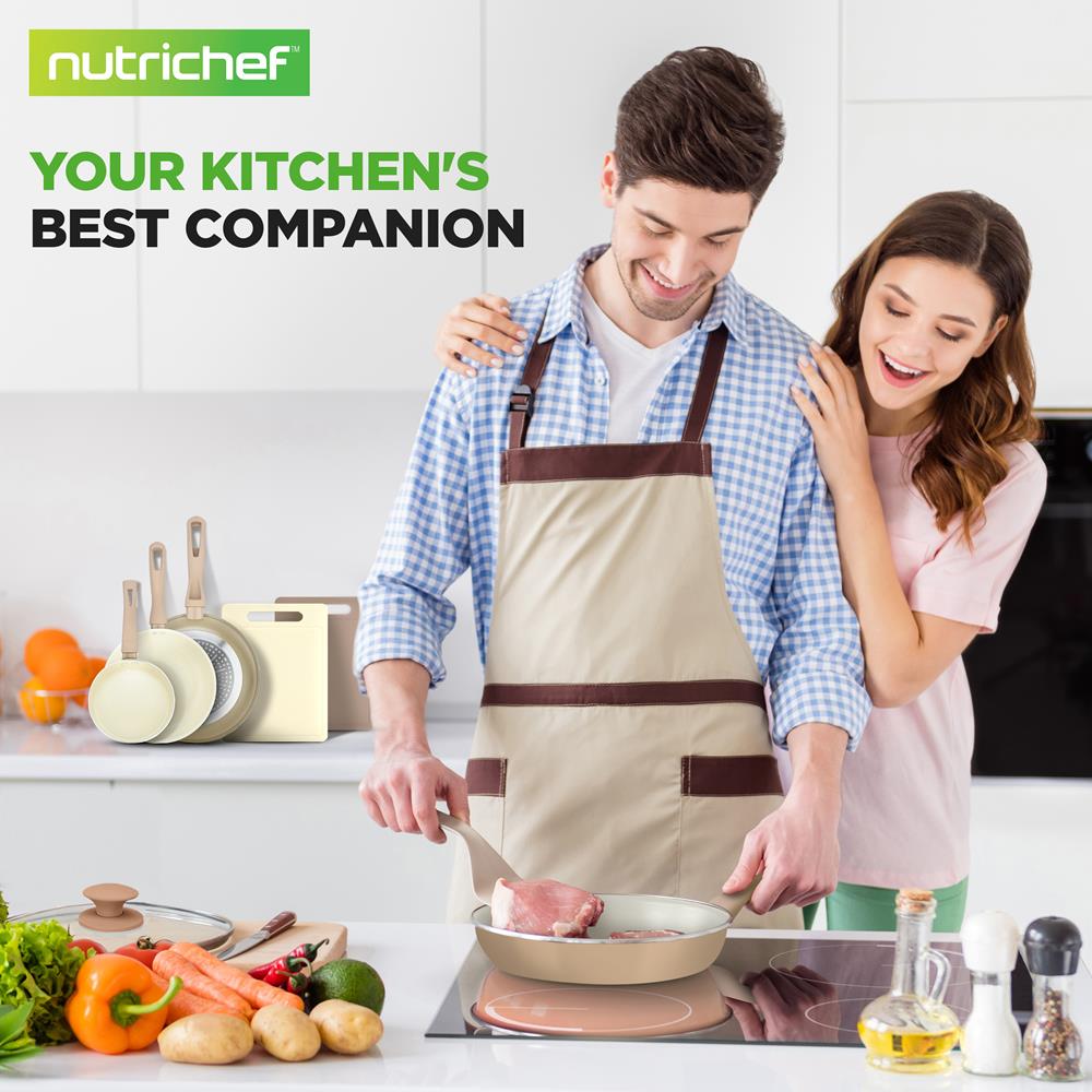 NutriChef 75-Piece Non-Stick Pots and Pans Set, Complete Ceramic Cookware Set with Bakeware, Utensils, Knife Set, & Accessories, Stain-Resistant, Food-Grade Safe, Cream/Brown