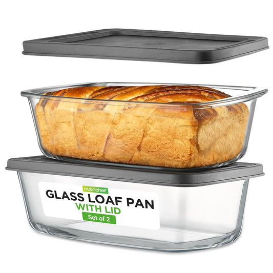 NutriChef 4 Piece Glass Loaf Pan Set with Lids - Stackable 1.9 QT/62oz Glass Bread Baking Dishes - 2 Food Storage Containers + 2 Airtight Lids, Oven & Microwave Safe, Dishwasher Safe - Clear