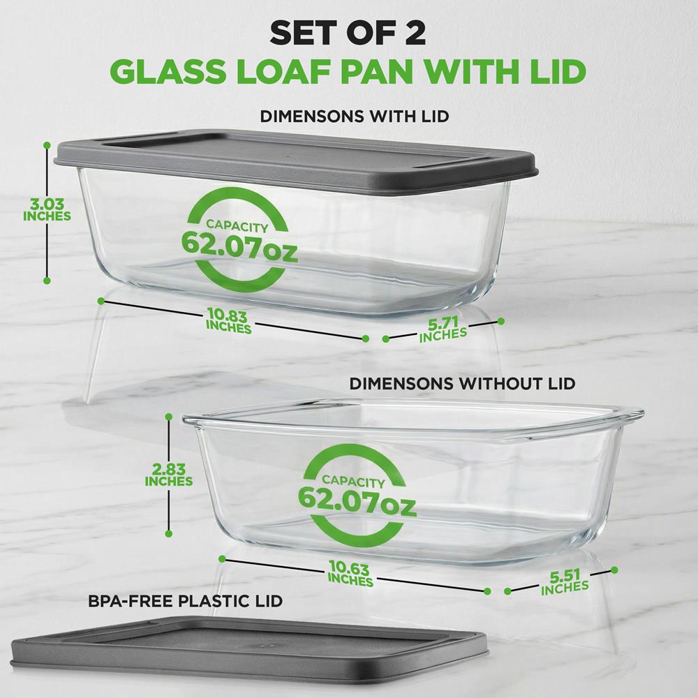 NutriChef 4 Piece Glass Loaf Pan Set with Lids - Stackable 1.9 QT/62oz Glass Bread Baking Dishes - 2 Food Storage Containers + 2 Airtight Lids, Oven & Microwave Safe, Dishwasher Safe - Clear