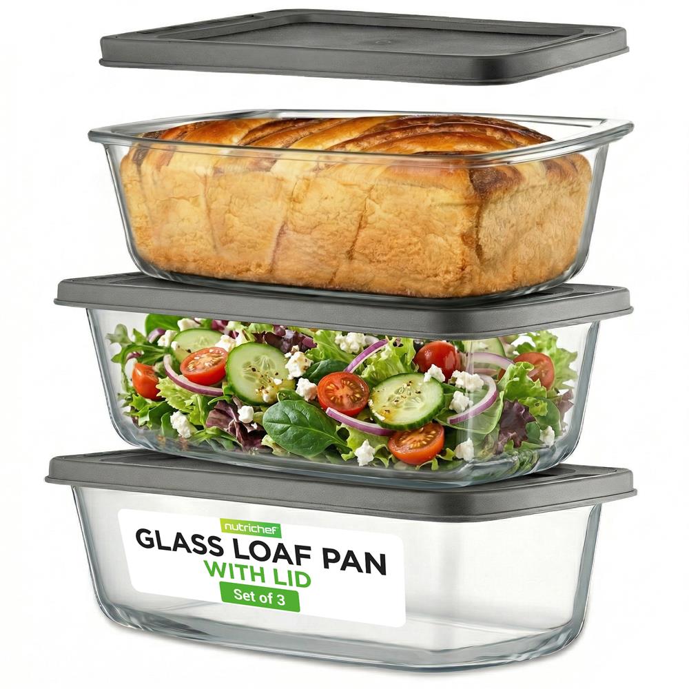 NutriChef 3-Piece Glass Loaf Pan Set - 1.9 QT Premium Stackable Food Containers w/ Airtight Locking Lid - Oven, Microwave, & Dishwasher Safe - 62oz Bread Pan Dish, Clear Glass