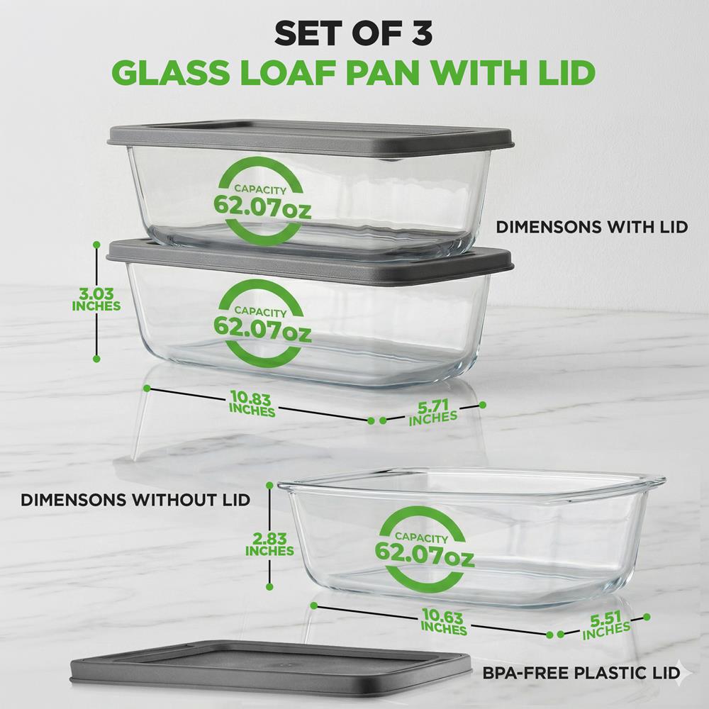 NutriChef 3-Piece Glass Loaf Pan Set - 1.9 QT Premium Stackable Food Containers w/ Airtight Locking Lid - Oven, Microwave, & Dishwasher Safe - 62oz Bread Pan Dish, Clear Glass