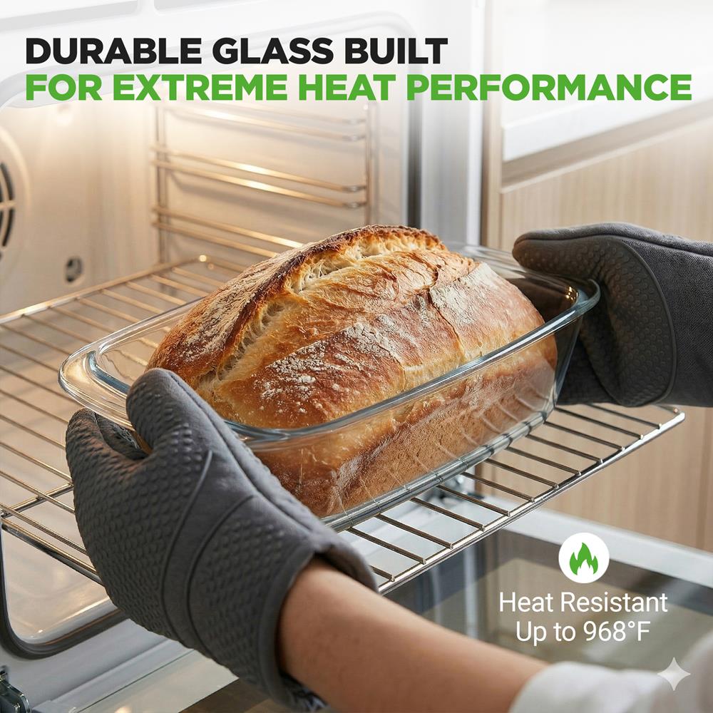NutriChef 3-Piece Glass Loaf Pan Set - 1.9 QT Premium Stackable Food Containers w/ Airtight Locking Lid - Oven, Microwave, & Dishwasher Safe - 62oz Bread Pan Dish, Clear Glass