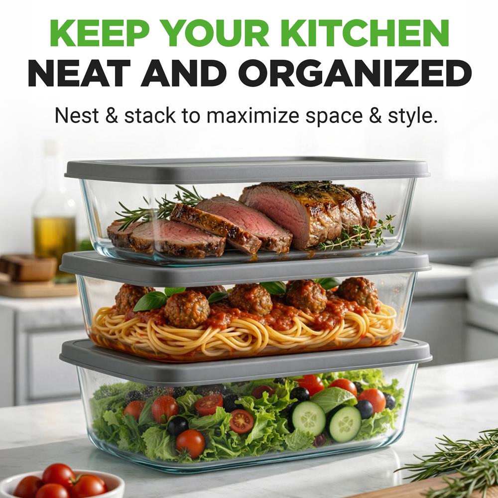 NutriChef 3-Piece Glass Loaf Pan Set - 1.9 QT Premium Stackable Food Containers w/ Airtight Locking Lid - Oven, Microwave, & Dishwasher Safe - 62oz Bread Pan Dish, Clear Glass