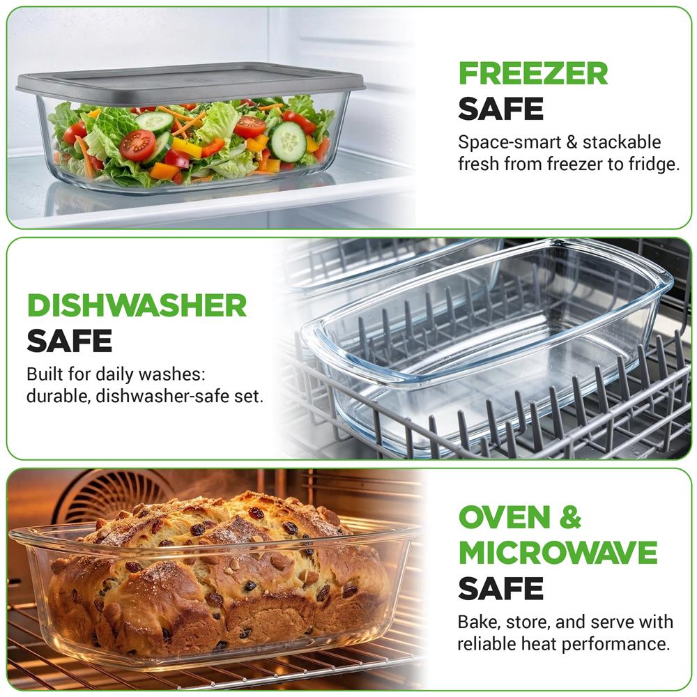 NutriChef 3-Piece Glass Loaf Pan Set - 1.9 QT Premium Stackable Food Containers w/ Airtight Locking Lid - Oven, Microwave, & Dishwasher Safe - 62oz Bread Pan Dish, Clear Glass