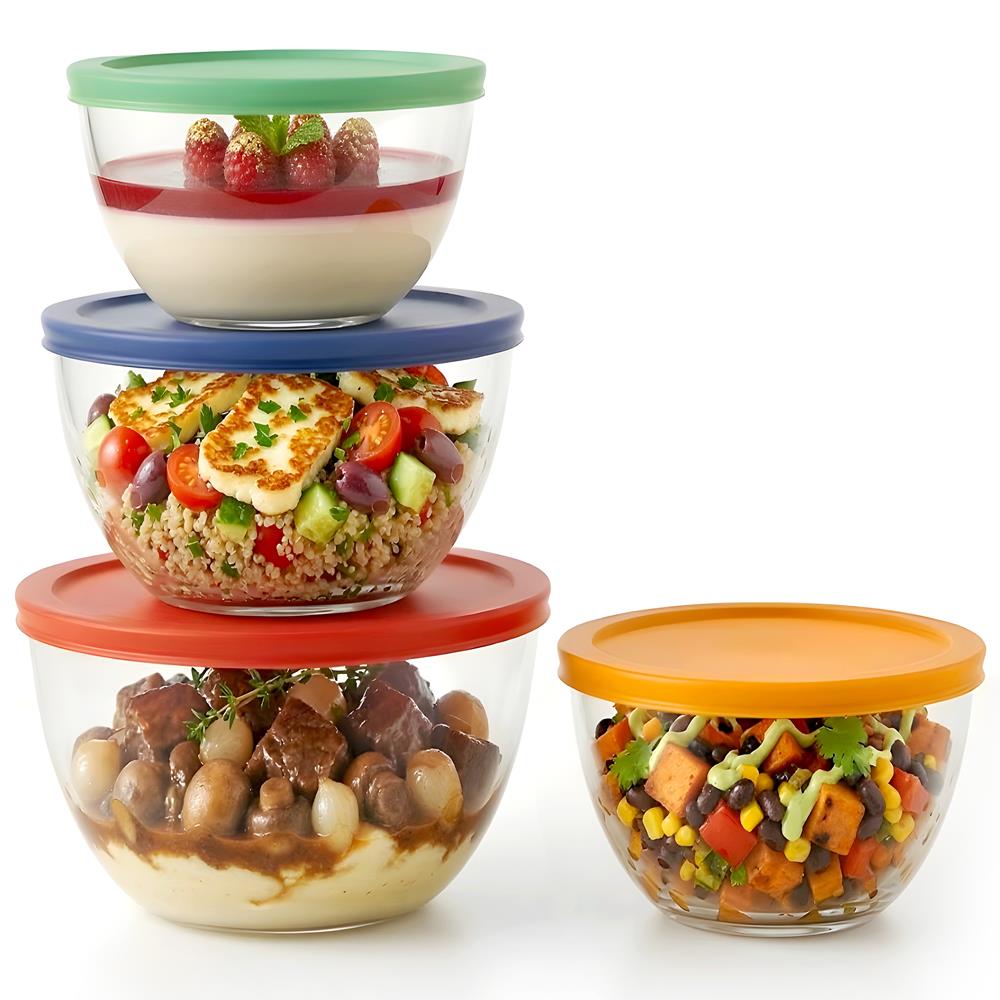 NutriChef 4-Pack Glass Mixing Bowls with BPA-Free Lids, Stackable Nesting Salad Bowls (1QT, 1.6QT, 2.5QT, & 3.7QT), Prepping and Baking Food Storage Set, Dishwasher, Freezer, & Microwave Safe