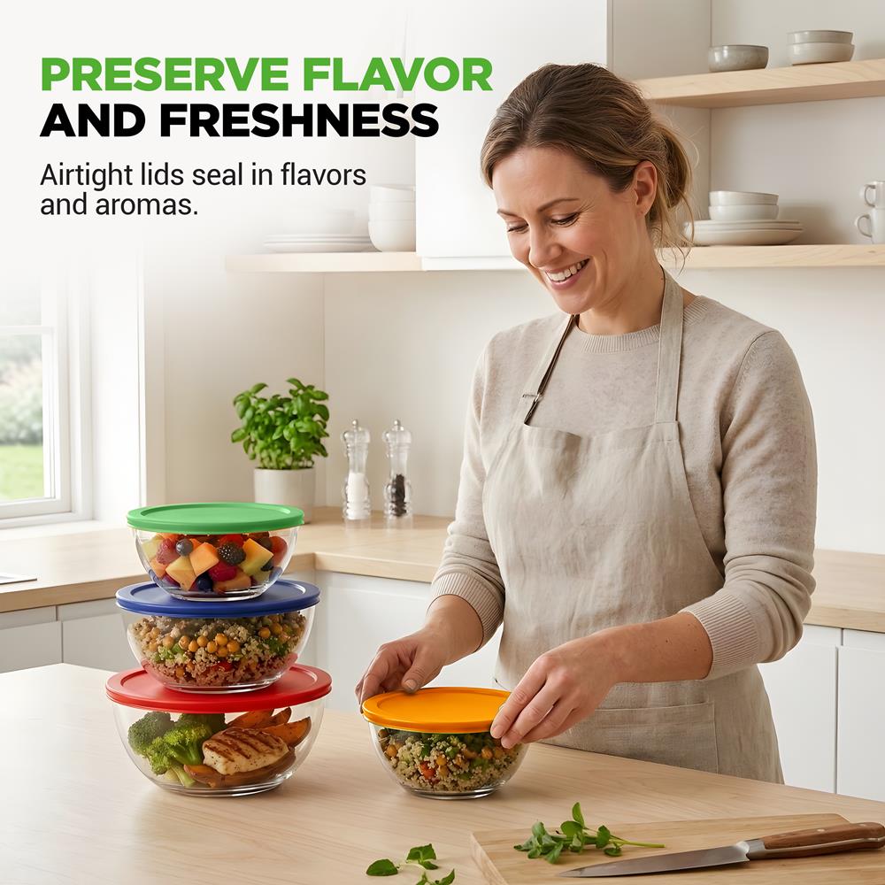NutriChef 4-Pack Glass Mixing Bowls with BPA-Free Lids, Stackable Nesting Salad Bowls (1QT, 1.6QT, 2.5QT, & 3.7QT), Prepping and Baking Food Storage Set, Dishwasher, Freezer, & Microwave Safe