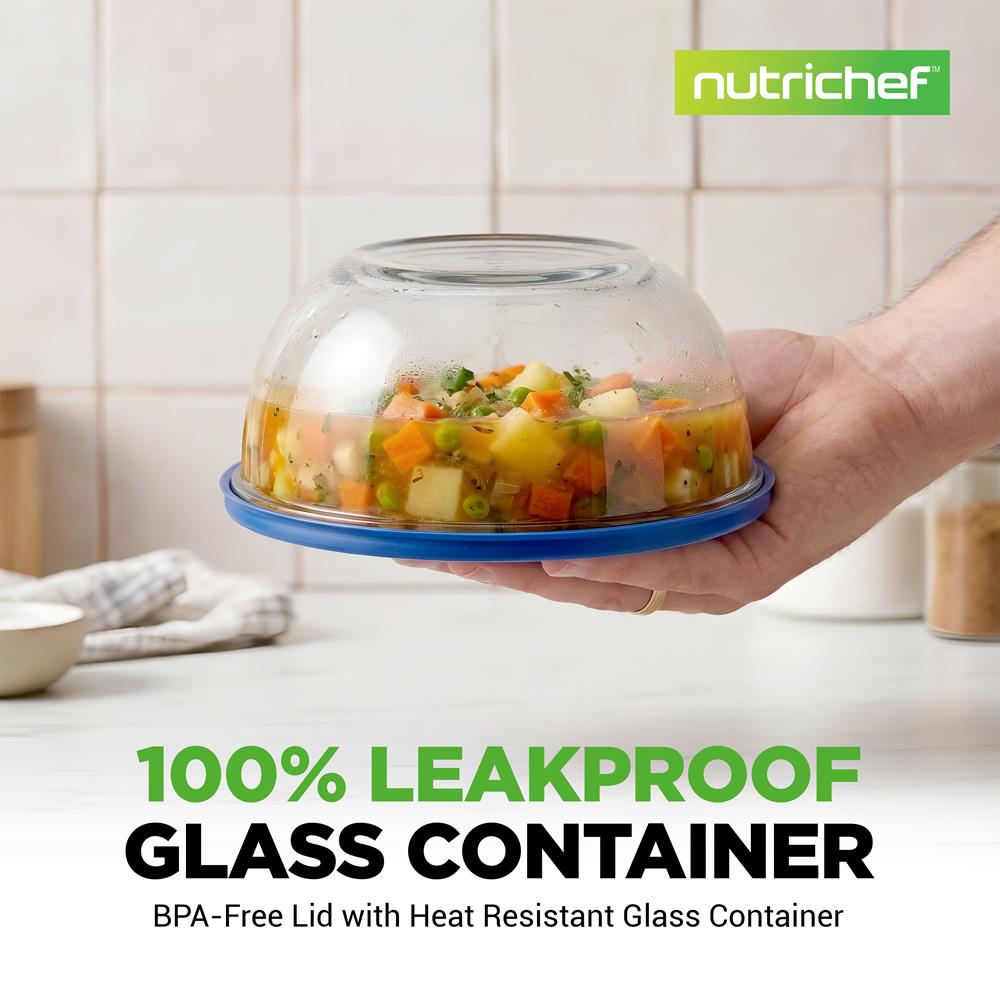 NutriChef 4-Pack Glass Mixing Bowls with BPA-Free Lids, Stackable Nesting Salad Bowls (1QT, 1.6QT, 2.5QT, & 3.7QT), Prepping and Baking Food Storage Set, Dishwasher, Freezer, & Microwave Safe