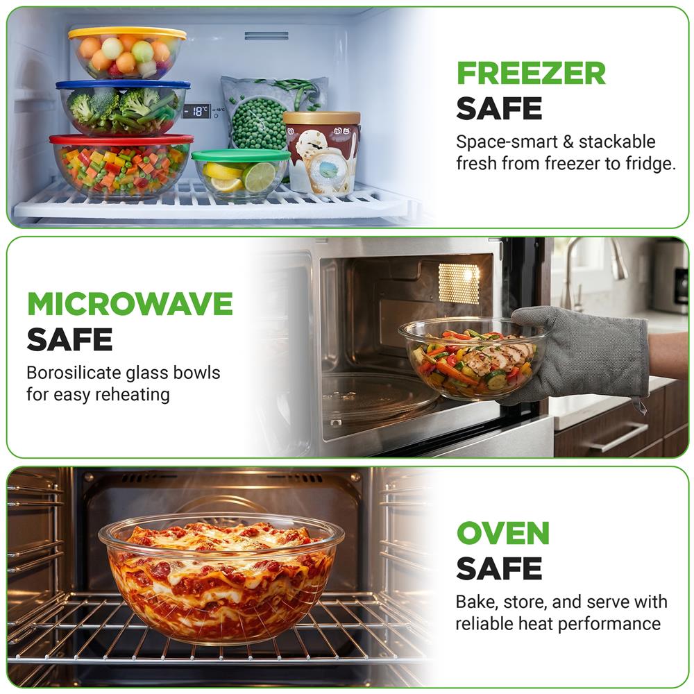 NutriChef 4-Pack Glass Mixing Bowls with BPA-Free Lids, Stackable Nesting Salad Bowls (1QT, 1.6QT, 2.5QT, & 3.7QT), Prepping and Baking Food Storage Set, Dishwasher, Freezer, & Microwave Safe
