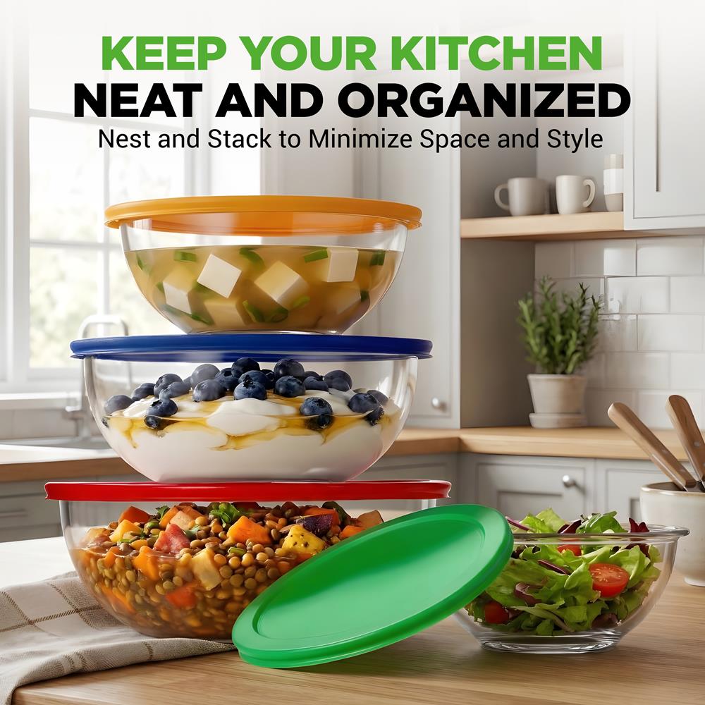 NutriChef 4-Pack Glass Mixing Bowls with BPA-Free Lids, Stackable Nesting Salad Bowls (1QT, 1.6QT, 2.5QT, & 3.7QT), Prepping and Baking Food Storage Set, Dishwasher, Freezer, & Microwave Safe