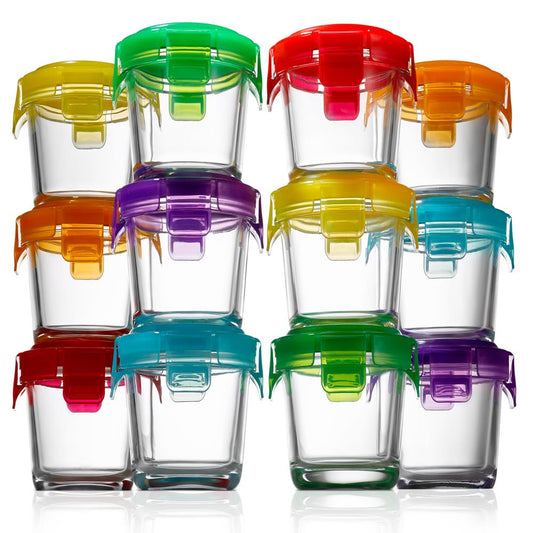 NutriChef 24-Piece (12 Glass Food Storage Containers and 12 Lids), 4.48oz Mini Stackable Meal Prep Round Containers - Microwave, Freezer, & Dishwasher Safe For Baby Food, Snacks, Fruits, Nuts & More