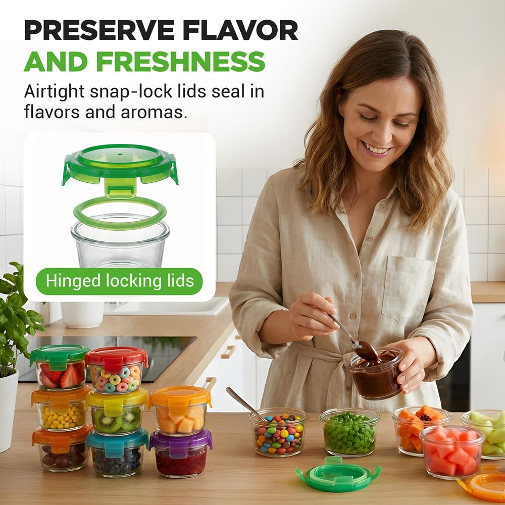NutriChef 24-Piece (12 Glass Food Storage Containers and 12 Lids), 4.48oz Mini Stackable Meal Prep Round Containers - Microwave, Freezer, & Dishwasher Safe For Baby Food, Snacks, Fruits, Nuts & More