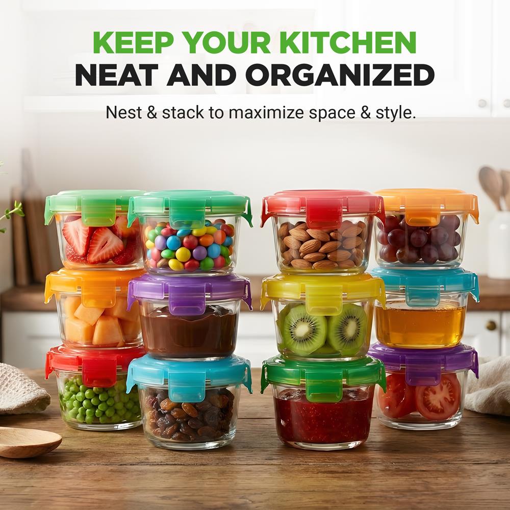 NutriChef 24-Piece (12 Glass Food Storage Containers and 12 Lids), 4.48oz Mini Stackable Meal Prep Round Containers - Microwave, Freezer, & Dishwasher Safe For Baby Food, Snacks, Fruits, Nuts & More