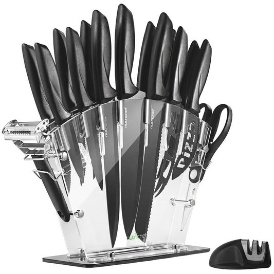 NutriChef 17-Piece Kitchen Knife Set - Stainless Steel Precision Crafted Knives w/Acrylic Block Stand - Includes 6 Steak Knives, 7 Multi-Use Knives, Sharpener, Scissors, & Vegetable Peeler (Black)