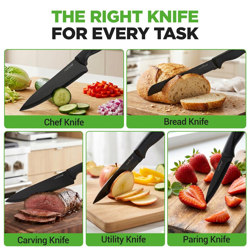 NutriChef 17-Piece Kitchen Knife Set - Stainless Steel Precision Crafted Knives w/Acrylic Block Stand - Includes 6 Steak Knives, 7 Multi-Use Knives, Sharpener, Scissors, & Vegetable Peeler (Black)