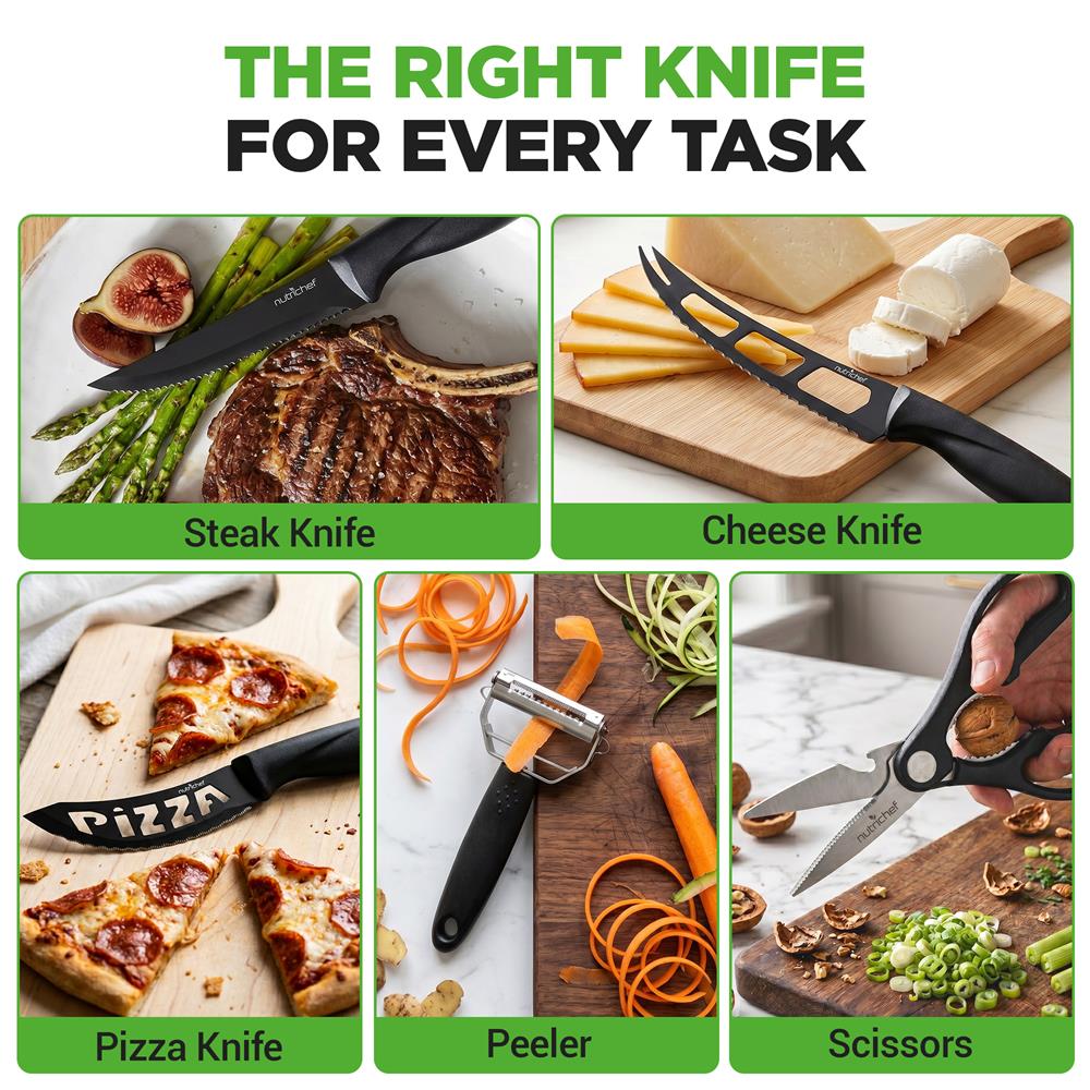 NutriChef 17-Piece Kitchen Knife Set - Stainless Steel Precision Crafted Knives w/Acrylic Block Stand - Includes 6 Steak Knives, 7 Multi-Use Knives, Sharpener, Scissors, & Vegetable Peeler (Black)
