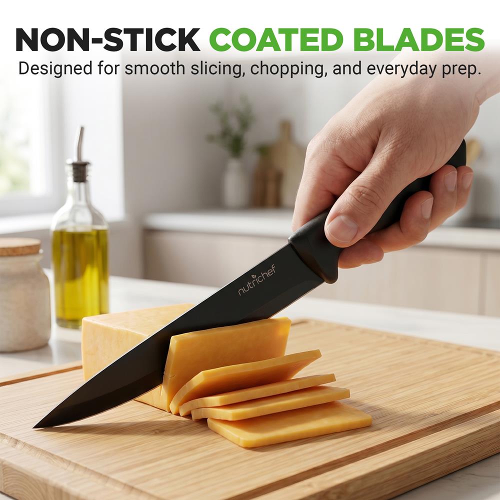 NutriChef 17-Piece Kitchen Knife Set - Stainless Steel Precision Crafted Knives w/Acrylic Block Stand - Includes 6 Steak Knives, 7 Multi-Use Knives, Sharpener, Scissors, & Vegetable Peeler (Black)