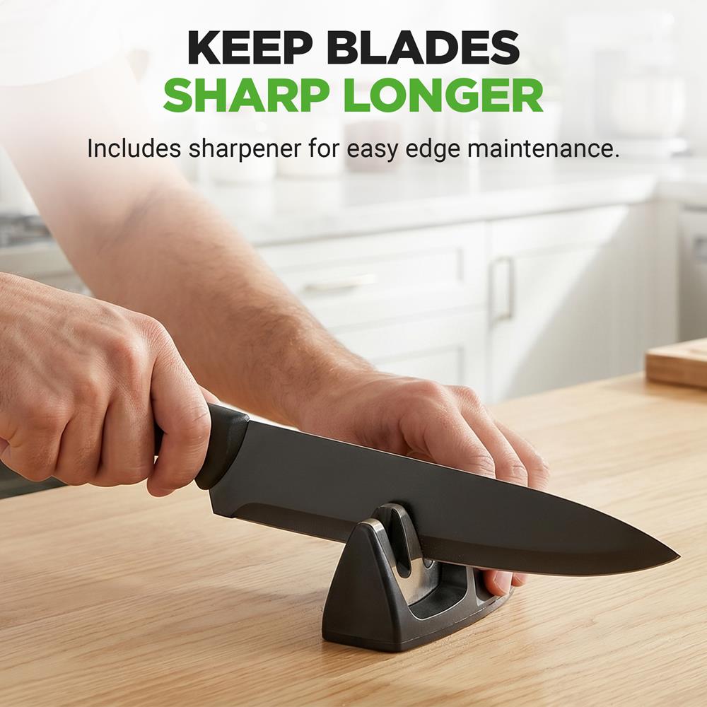 NutriChef 17-Piece Kitchen Knife Set - Stainless Steel Precision Crafted Knives w/Acrylic Block Stand - Includes 6 Steak Knives, 7 Multi-Use Knives, Sharpener, Scissors, & Vegetable Peeler (Black)