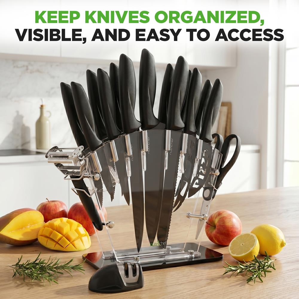 NutriChef 17-Piece Kitchen Knife Set - Stainless Steel Precision Crafted Knives w/Acrylic Block Stand - Includes 6 Steak Knives, 7 Multi-Use Knives, Sharpener, Scissors, & Vegetable Peeler (Black)