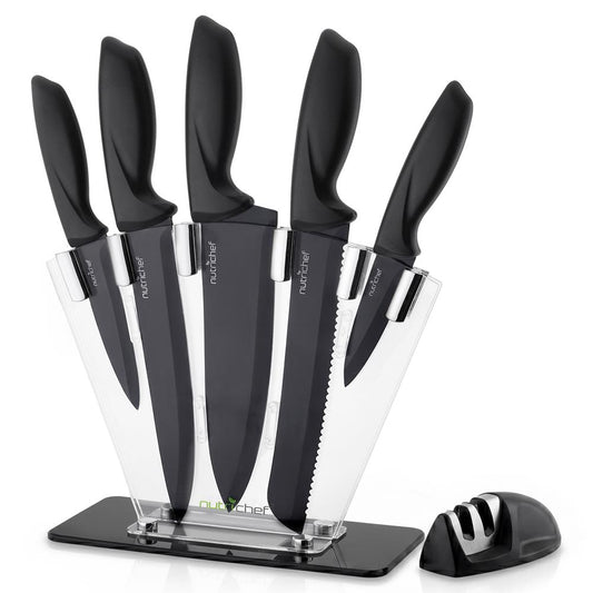 NutriChef 7 Piece Kitchen Knife Set - Stainless Steel Kitchen Precision Knives Set w/ 5 Knives & Bonus Sharpener, Acrylic Block Stand - Cutting Slicing, Chopping, Dicing NCKNS7X