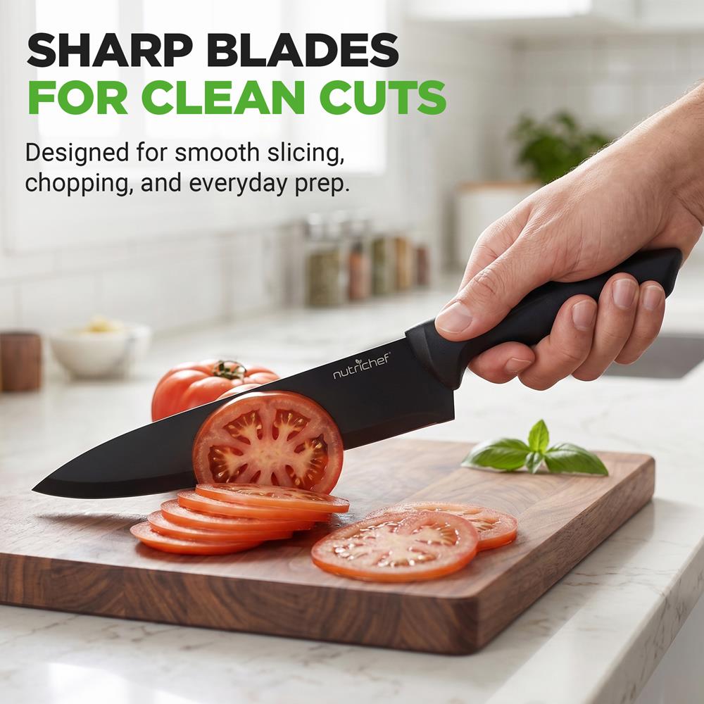NutriChef 7 Piece Kitchen Knife Set - Stainless Steel Kitchen Precision Knives Set w/ 5 Knives & Bonus Sharpener, Acrylic Block Stand - Cutting Slicing, Chopping, Dicing NCKNS7X