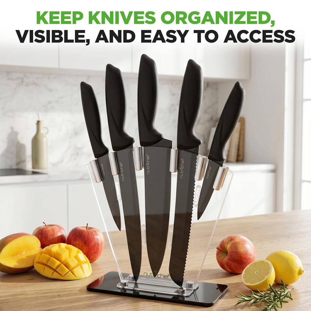NutriChef 7 Piece Kitchen Knife Set - Stainless Steel Kitchen Precision Knives Set w/ 5 Knives & Bonus Sharpener, Acrylic Block Stand - Cutting Slicing, Chopping, Dicing NCKNS7X