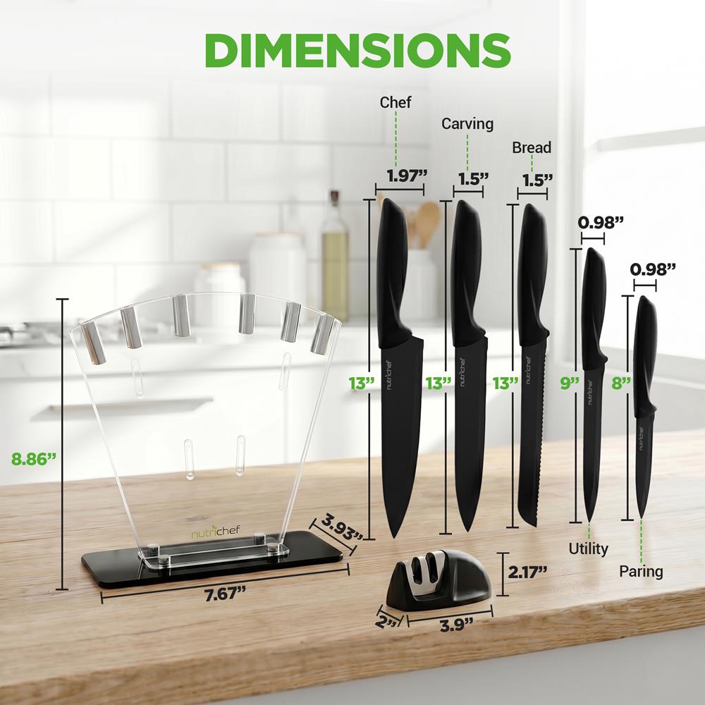 NutriChef 7 Piece Kitchen Knife Set - Stainless Steel Kitchen Precision Knives Set w/ 5 Knives & Bonus Sharpener, Acrylic Block Stand - Cutting Slicing, Chopping, Dicing NCKNS7X
