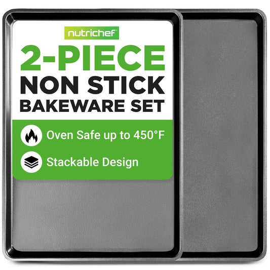 NutriChef 2-Piece XL Mega Cookie Sheet Baking Pans Set - 22" x 16" Extra Large Nonstick Carbon Steel Oven Baking Tray Pans, Stackable Bakeware, Black - NCLGBP16