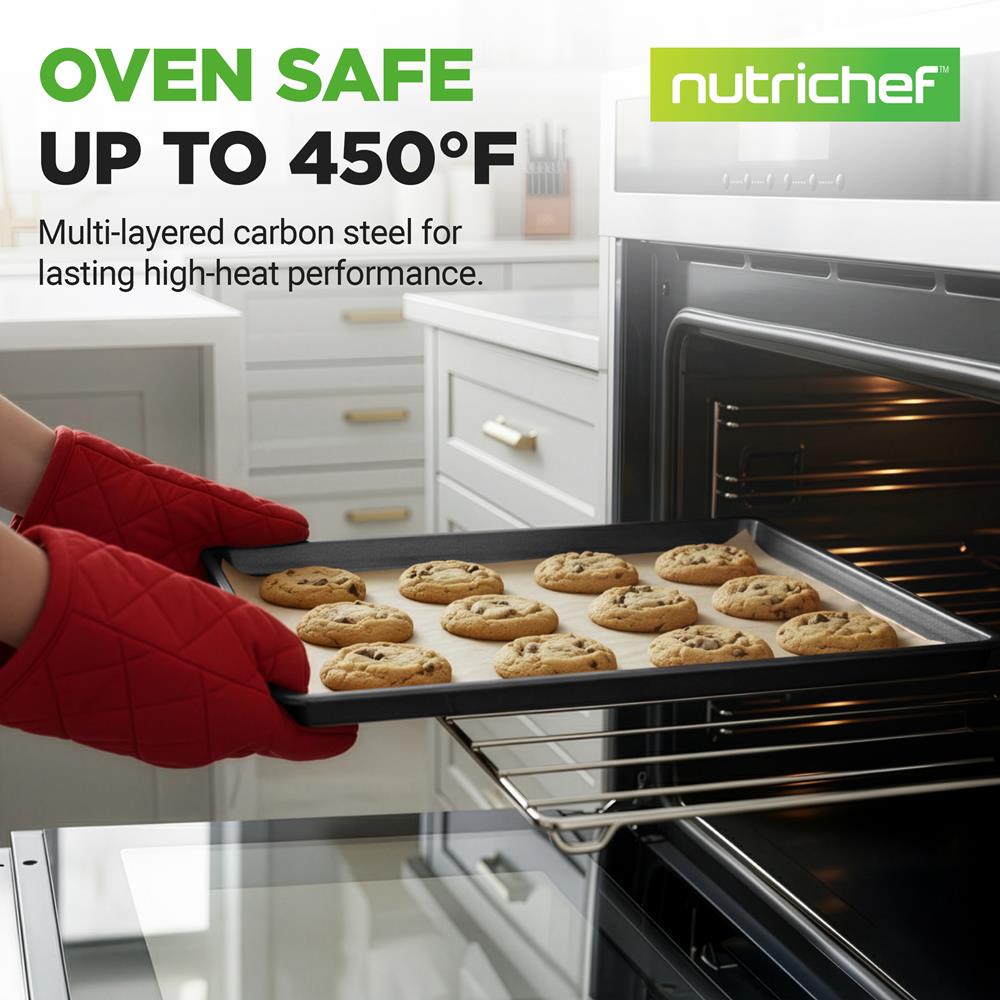 NutriChef 2-Piece XL Mega Cookie Sheet Baking Pans Set - 22" x 16" Extra Large Nonstick Carbon Steel Oven Baking Tray Pans, Stackable Bakeware, Black - NCLGBP16