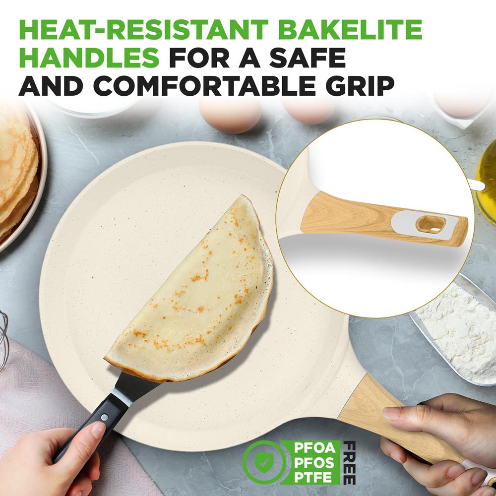NutriChef 11” Non-Stick Crepe Pan with Wooden Spreader, Durable Marble Coated Dosa Pan, Bakelite And Wood Handle With Induction Bottom, Easy-to-Clean, Stain-Resistant (White Cream Marble)