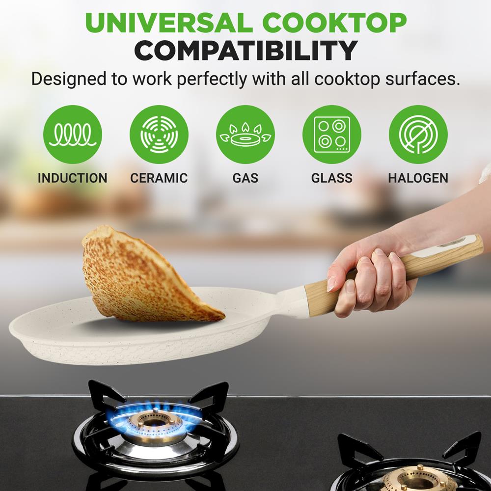 NutriChef 11” Non-Stick Crepe Pan with Wooden Spreader, Durable Marble Coated Dosa Pan, Bakelite And Wood Handle With Induction Bottom, Easy-to-Clean, Stain-Resistant (White Cream Marble)
