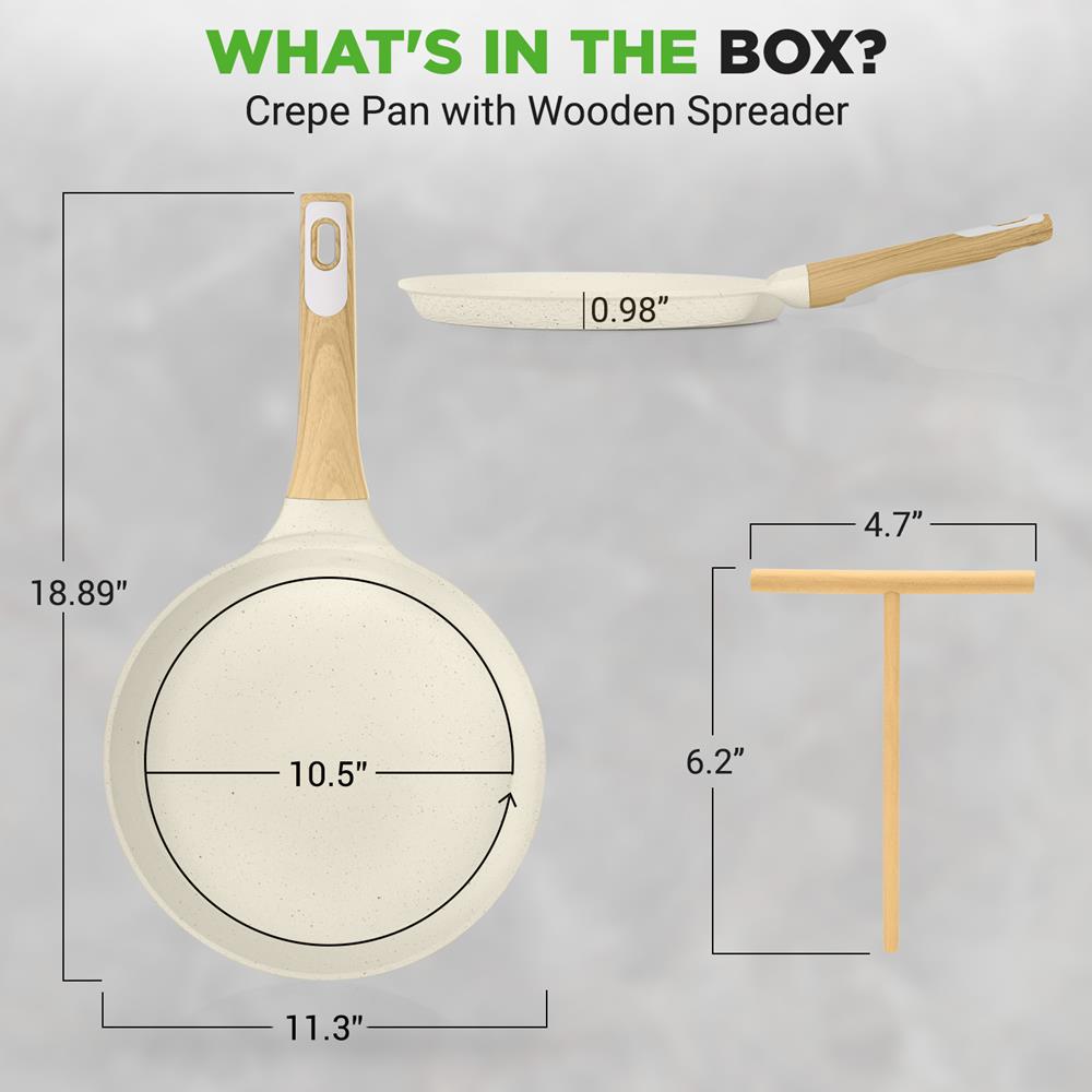 NutriChef 11” Non-Stick Crepe Pan with Wooden Spreader, Durable Marble Coated Dosa Pan, Bakelite And Wood Handle With Induction Bottom, Easy-to-Clean, Stain-Resistant (White Cream Marble)