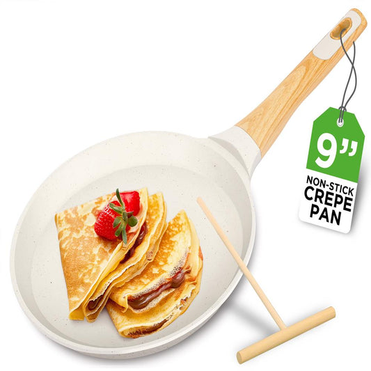 NutriChef 9.45” Non-Stick Crepe Pan with Wooden Spreader, Durable Marble Coated Dosa Pan, Bakelite Handle and Induction Bottom, PFOA/PFOS Free, Dishwasher Safe, Even Heat Distribution (White Cream)