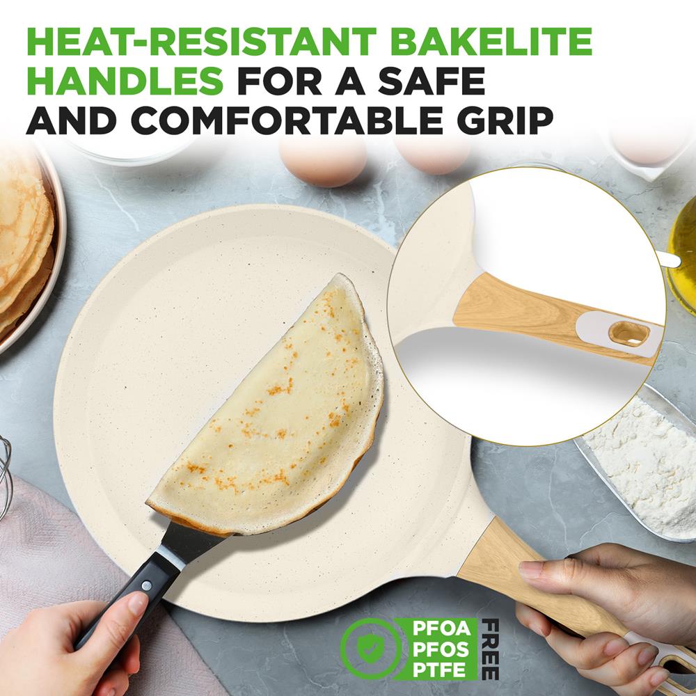 NutriChef 9.45” Non-Stick Crepe Pan with Wooden Spreader, Durable Marble Coated Dosa Pan, Bakelite Handle and Induction Bottom, PFOA/PFOS Free, Dishwasher Safe, Even Heat Distribution (White Cream)